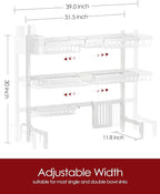 Sakugi Dish Drying Rack - Over The Sink Dish Drainer Drying Rack with Utensil & Knife Holder, Hooks, Stainless Steel Kitchen Organizers and Storage Solution, 11.8" D x 31.5"~39.0''W x 30" H, White