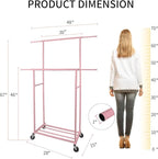 Fishat Portable Pink Double Rods Garment Clothes Rack for Drying with Rolling Clothes Organizer on Lockable Wheels Mobile for Girls Women, 48"W x 15"D x 67"H, Metal Simple Hanging Clothes with 2 Hook