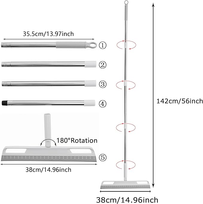 Multifunction Magic Broom, Silicone Floor Squeegee with 56" Long Handle, Rubber Sweeper, Air Broom for Floor Bathroom Kitchen Shower Tile Pet Hair Fur Marble Glass Water Window Foam Cleaning (Grey)