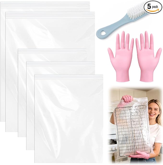 Juome Oven Rack Cleaning Bags, 5 Pack Reusable No Scrub Oven Rack Cleaning Bags Kit with 6 Gloves & 1 Brush, Leak Proof PE Bags (19.7*27.5inch & 23.6*35.4inch) for Deep Soaking BBQ Racks, Grill Grates