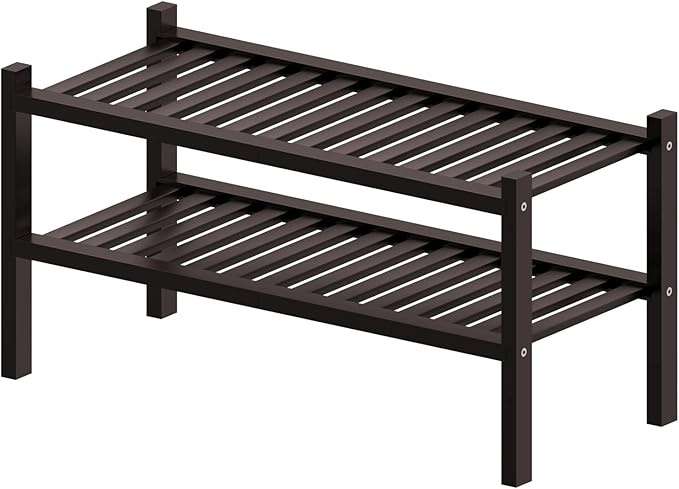 ROMGUAR CRAFT 2 Tier (Thick) Bamboo Shoe Rack for Closet Free Standing Wood Shoe Shelf for Entryway Small Space Stackable 27"x12"x14" (Black Brown)