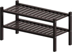 ROMGUAR CRAFT 2 Tier (Thick) Bamboo Shoe Rack for Closet Free Standing Wood Shoe Shelf for Entryway Small Space Stackable 27"x12"x14" (Black Brown)