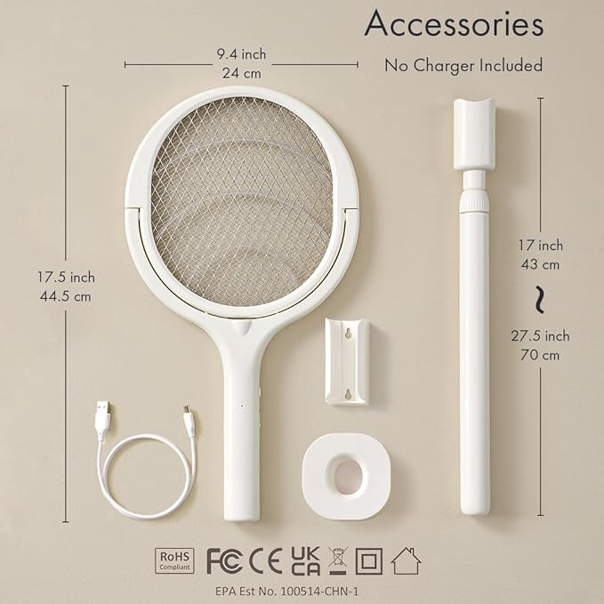 GeckoMan Rotating Head Electric Fly Swatter Racket Rechargeable Bug Zapper Racket Bug Zapper Indoor Fly Zapper Mosquito Zapper Flies Killer for Indoors, with a Telescopic Extension