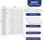 360Qt Stackable Storage Bins with Lid and Wheels, 90Gal Plastic Closet Organizer and Storage Drawer, Large Collapsible Storage Box Cabinet with Clear Door for Home Kitchen Office, 3Pack White