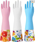 Bamllum 3 Pairs Rubber Cleaning Gloves, Household Kitchen Dishwashing Gloves with Cotton Flocked Liner, Long Cuff 16 Inches, Reusable, Non-Slip (Small, Blue+Pink+White)
