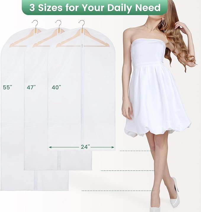 Carbrea Translucent Garment Bags for Hanging Clothes - Frosted Clothes Storage Bags for Suits, Dresses, Closet Storage - 10 Pack