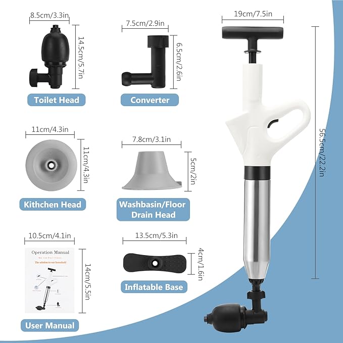 Air Plunger for Drain, High Pressure Air Drain Blaster with Visual Barometer Stainless Steel Toilet Clog Remover Toilet Unclogger Plungers for Bathroom, Toilets, Sink, Kitchen, Clogged Pipe