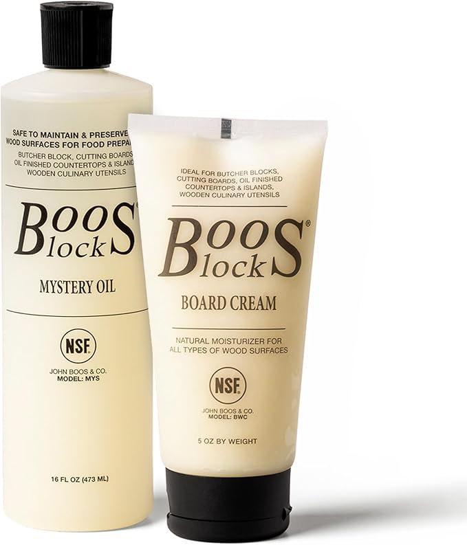 JohnBoos John Boos 2-Piece All-Natural Care & Maintenance Set – 16 oz Mystery Oil & 5 oz Board Cream for Butcher Blocks, Cutting Boards, Wood Countertops, and Wooden Utensils