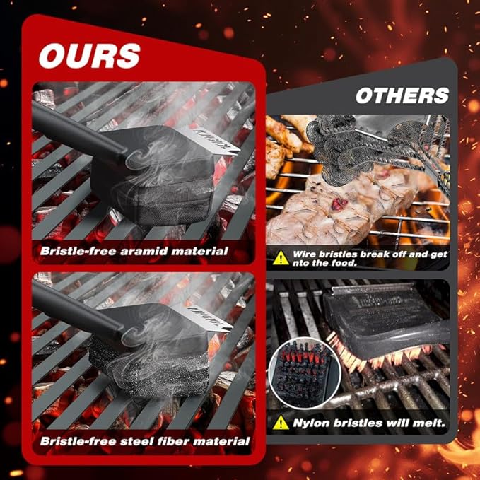 Grill Brush for Outdoor Grill - BBQ Grill Brush Bristle Free, Aramid Fiber Steam Grill Cleaner, Non Metal Bristles Barbecue Cleaner Grill Cleaning Tools, 2 Replaceable Heat-Resistant Heads (Black)