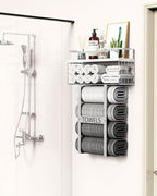 Towel Racks for Bathroom Wall Mounted - Bath Wall Towel Holder Set Above Toilet Storage, Rolled Towel Shelf Organizer for Small Bathroom, Wood Vertical Towel Rack for Bathroom Wall Decor Silver