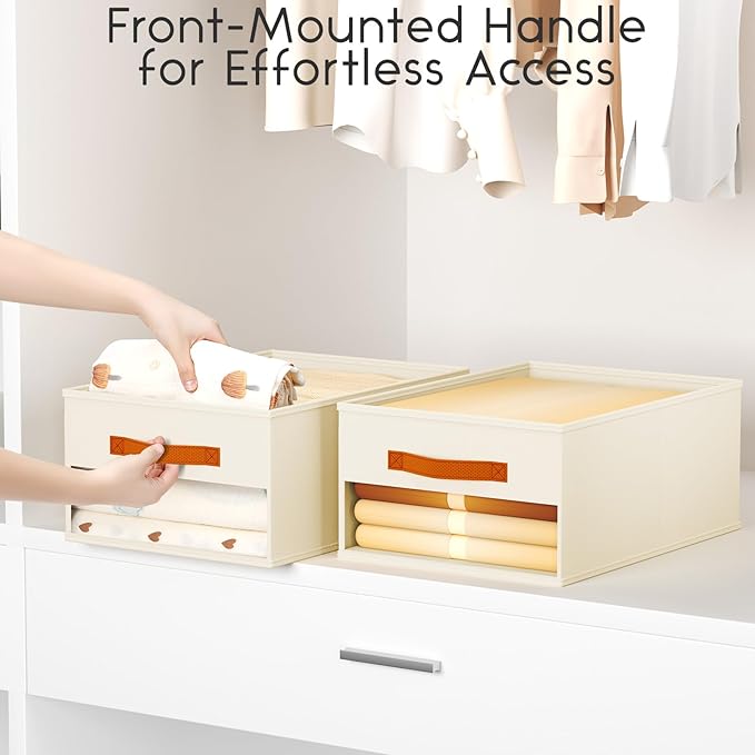 Homsorout Drawer Organizers and Storage - 12 Pack Foldable Pants Organizer with Clear Window & Handles, Fabric Closet Organizer for Clothes, Jeans, Sweaters, Towels, T-shirt, Scarf (Beige)