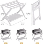 HITNET White Luggage Rack, Set of 2, Folding Suitcase Stand with Storage Shelf, Bamboo Luggage Holder with 5 Nylon Straps for Guest Room Bedroom Hotel