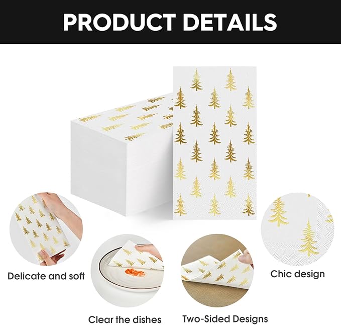 Horaldaily 50 Christmas Disposable Paper Decorative Guest Napkins, Gold Xmas Trees Hand Towel for Party Lunch Dinner Kitchen Bathroom