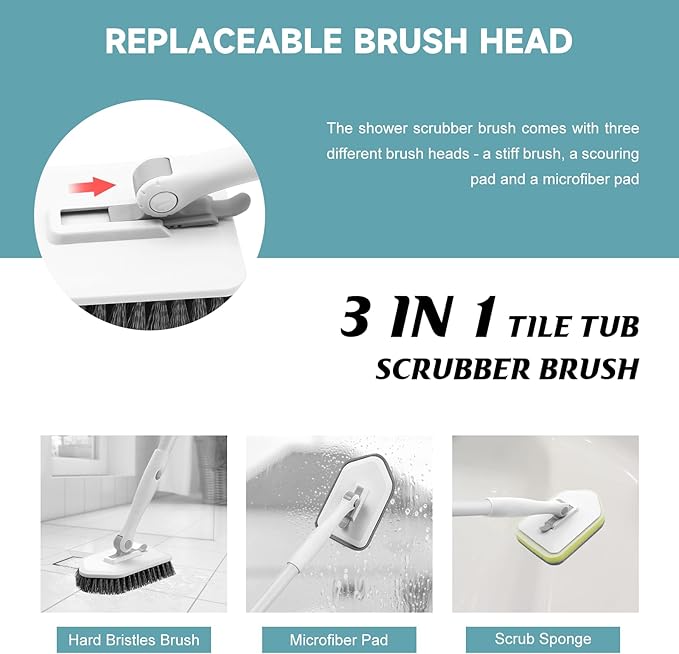 nacena Shower Scrubber with Long Handle, 3 in 1 Tile Tub Scrubber Brush with 3 Detachable Cleaning Heads Adjustable Handle Shower Cleaner Brush for Bathroom, Kitchen, Toilet, Wall, Sink, Grey White