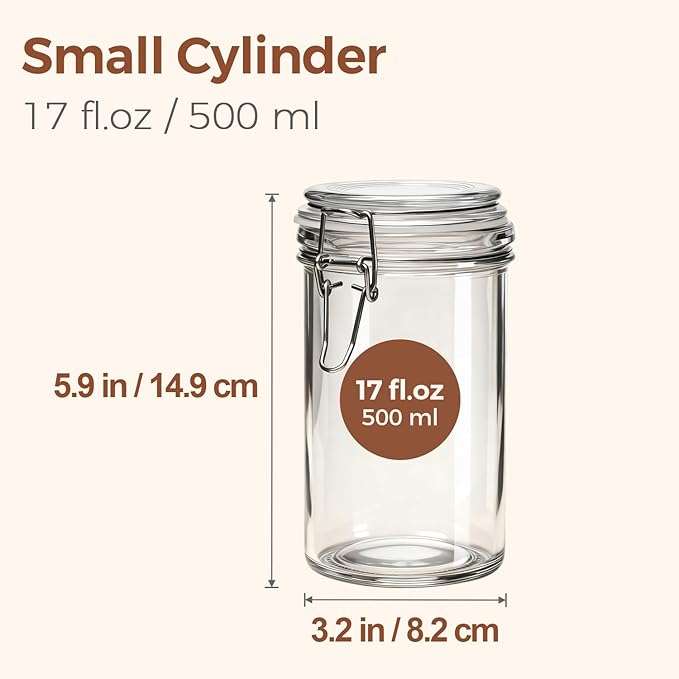 ComSaf 16oz Pint Jars with Airtight Lids (Set of 6), Cylindrical Glass Canisters for Sourdough Starter, Overnight Oats, & Pantry Organization, 500ml Hermetic Jars for Fermenting, Coffee & Spices