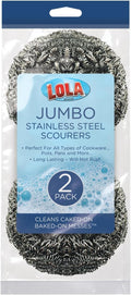 Stainless Steel Wool Scourer -Jumbo Sized- 2 Pack, 35 Grams, by LOLA, Curled Flat Wire, Cleans Caked On & Baked On Messes on Cookware