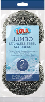 Stainless Steel Wool Scourer -Jumbo Sized- 2 Pack, 35 Grams, by LOLA, Curled Flat Wire, Cleans Caked On & Baked On Messes on Cookware
