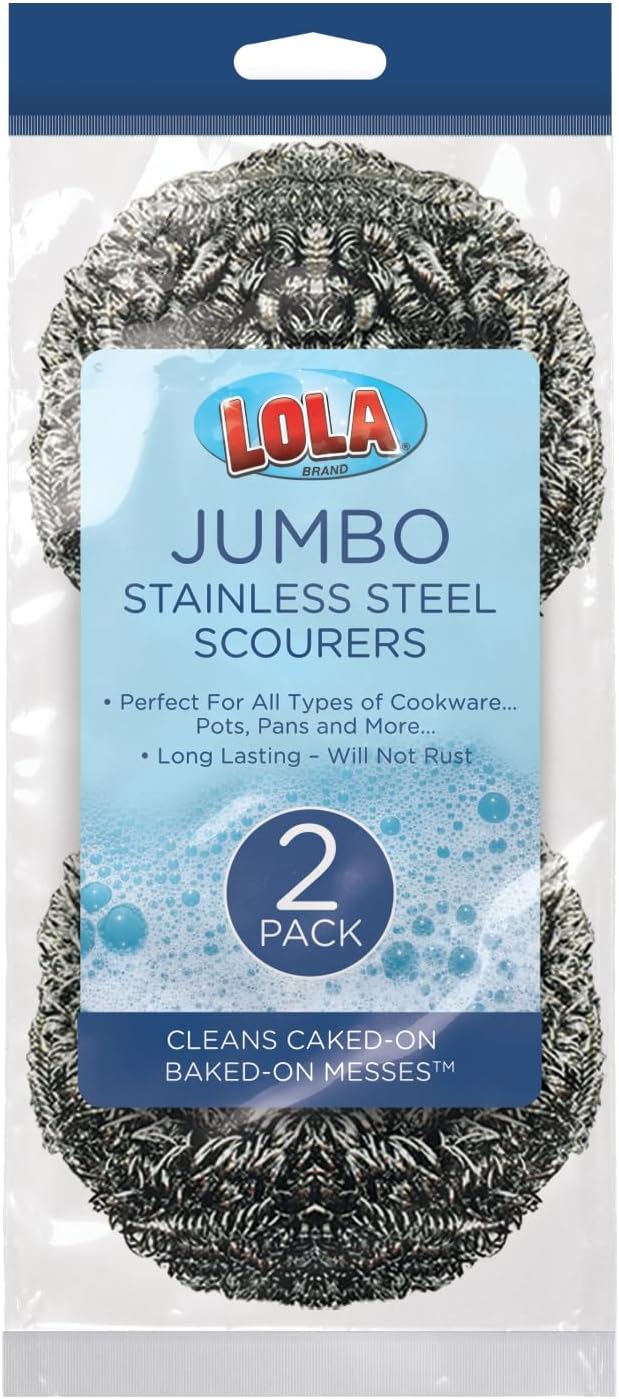 Stainless Steel Wool Scourer -Jumbo Sized- 2 Pack, 35 Grams, by LOLA, Curled Flat Wire, Cleans Caked On & Baked On Messes on Cookware