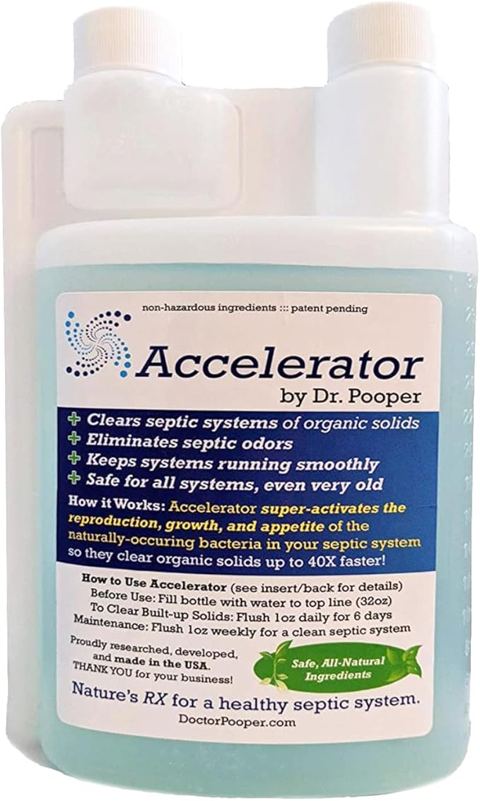 Dr. Pooper Accelerator Septic Tank Treatment - Environment-Friendly Septic System Maintenance Liquid - Eliminates Odors - Clears Organic Solids in Tanks & Drain Fields - Safe for All Septic Systems