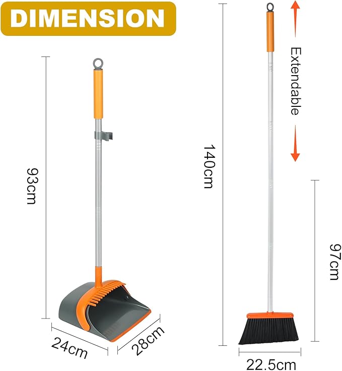 Broom and Dustpan Set with 54 Inch Long Handle - Perfect Dust Pan and Brush Combo for Home Efficient Cleaning (Orange and Grey)