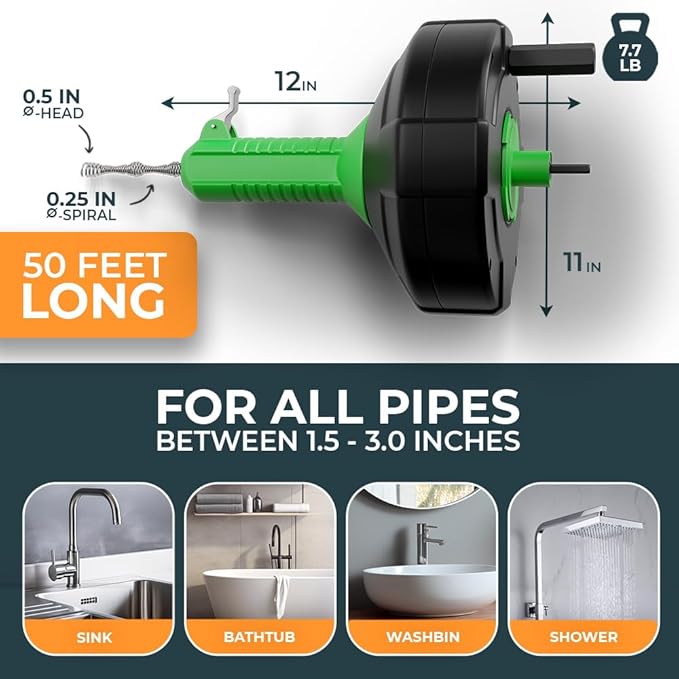 drain snake [50 FT] - Auto Feed - Ideal plumbing snake for sink and drain unblocking - Solid drain auger for real DYIs!