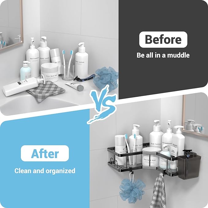 AKTECKE Corner Shower Caddy, 2 Pack Adhesive Shower Corner Organizer Shelves, No Drilling Stainless Steel Shower Storage Rack with Hooks&Toothpaste Holder for Bathroom Kitchen （for 90° Corners Only）