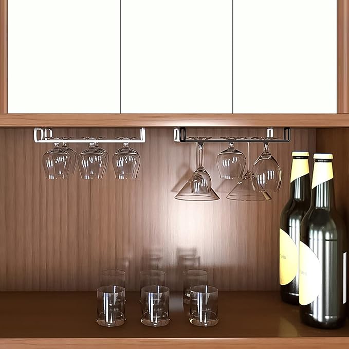 GeLive Set of 4 Cabinet Stemware Rack 10 Inch Under Shelf Wine Glass Holder Storage Hanger Organizer for Kitchen and Bar (Black)