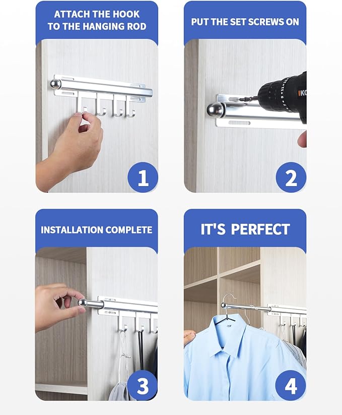 BaiNong 12 inch Valet Rod for Closets Pull Out Closet Valet Rod Slide Out With 4 Hooks Silver Pull Out Clothes Hanger