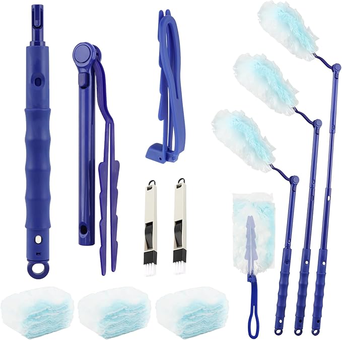 30 Count Heavy Duty Duster Refills with 2 Pcs Handles and Crevice Brushes Starter Kit, Microfibers Multisurface Dusters for Cleaning Home, Celling Fan, Blinds, Vent & Shelves(Blue)