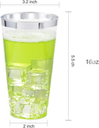 LIYH 100 Pcs 16 oz Silver Plastic Cups - Clear Plastic Tumblers with Silver Rim Big Size Fancy Disposable Clear Cups for Party & Wedding