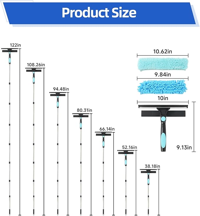 122'' Window Washing Kit with Extension Pole, 2-in-1 Window Cleaning Kit with Scrubber and Rotating Head, Window Cleaner Tool for Shower Rooms, Glass, Floors, Tiles, Walls, Car Windshields