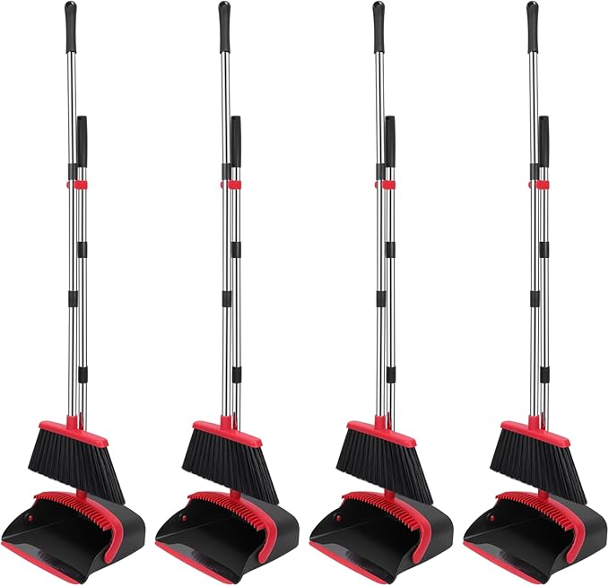 NACENA Broom and Dustpan Set, 52-in Long Adjustable Handle Broom Dustpan Combo with Dustpan Teeth to Automatically Clean Hair Suitable for Home Kitchen Office Hall Floor (Black&Red), 4 Pack