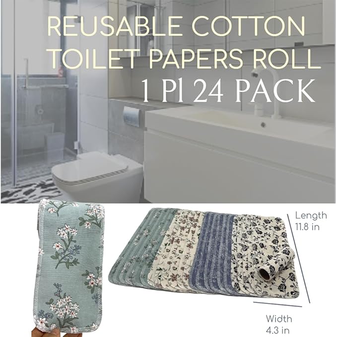 Reusable Toilet Paper Towels 24 Count Roll,Washable Absorbent No Tear Bidet Towels Cotton Cloth,Zero Waste Cleaning Supplies for Bathroom(4 Colors Flower)