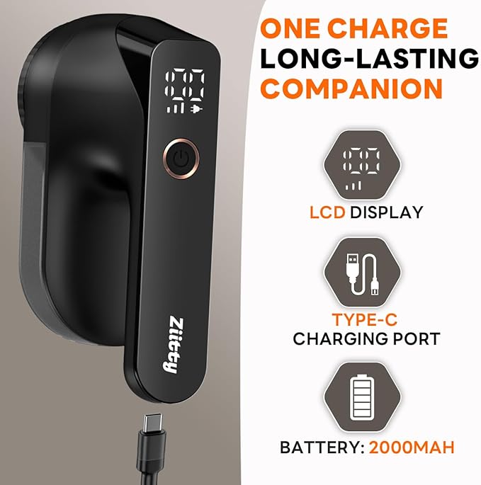 Fabric Shaver - Ziitty Lint Remover for Clothes, Sweater Defuzzer with LCD Display, 3-Speeds, 6-Blade, Type-C Rechargeable, Sweater Shaver to Remove Pilling Fuzz Lint Balls Pills for Clothes Furniture