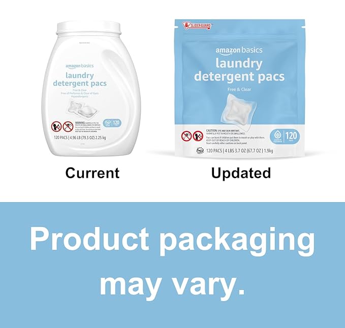 Amazon Basics Laundry Detergent Pacs, Free & Clear, Hypoallergenic, Fragrance Free, HE Compatible, Easy to Use, 120 Count (New Packaging)