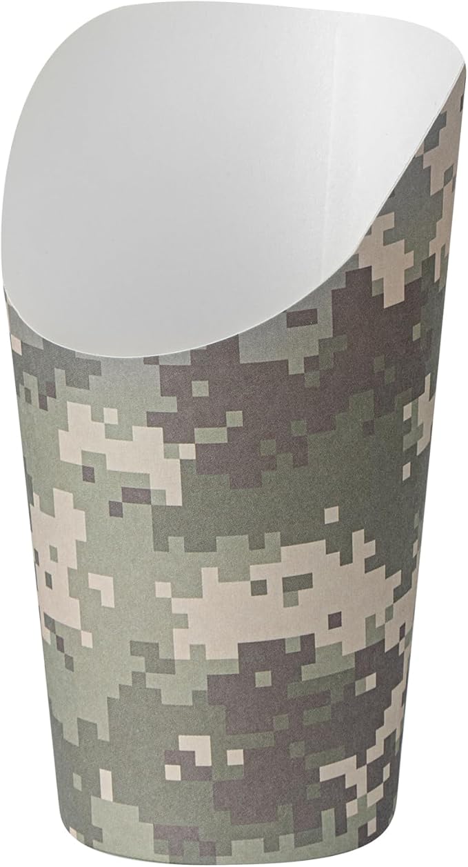 Restaurantware Bio Tek 16 Ounce French Fry Containers, 100 Disposable Charcuterie Cups - Incline Design, Round, Camouflage Paper French Fry Cups, Stackable, For Waffles, Chips, or Popcorn