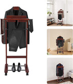 Valet Stand with Wheels and Top Tray, Wood Mens Suit Valet Stand with Shoe Shelf, Freestanding Clothes Valet Stand with Hanger, Storage Organizer for Entryway Office Living Room (B, Walnut Color)