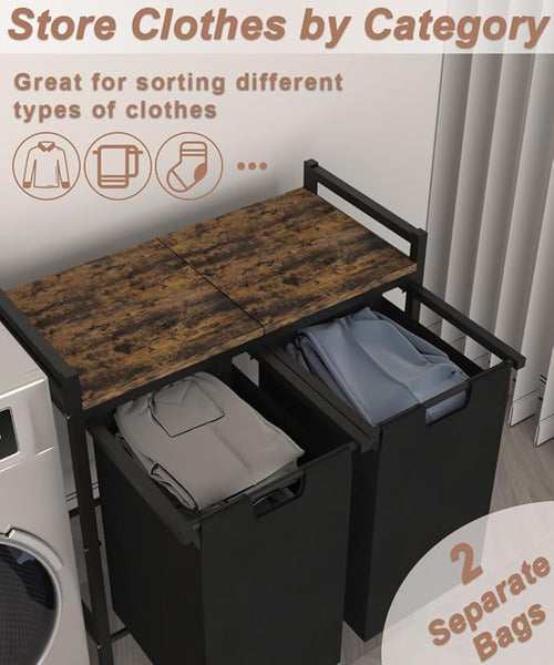 12 x 2 Gal Large Laundry Hamper with Wheels, 2 Pull-Out & Removable Sorter Bags, Freestanding Clothes Basket Organizer for Clothing or Toys in Bathroom and Living Room, Rustic Brown and Black