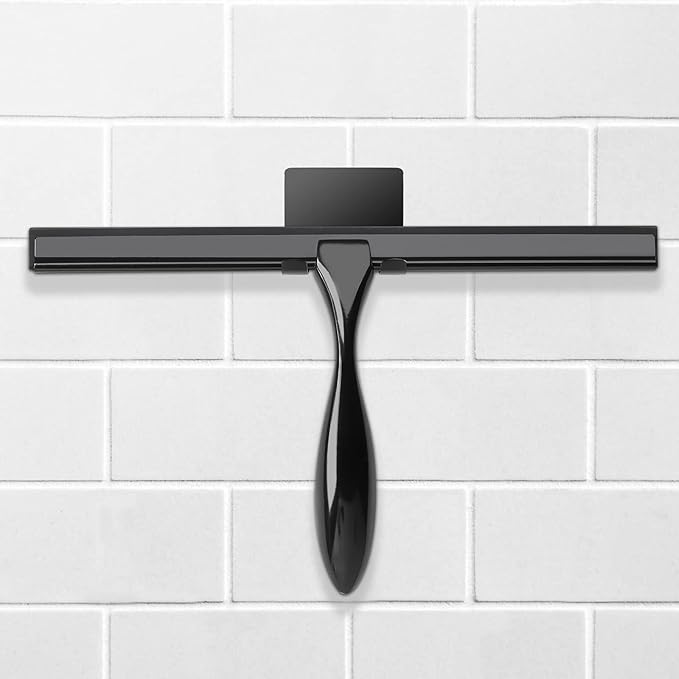 Simtive 14-Inch Shower Squeegee Set, Includes Shower Door Hook and Adhesive Hook, Squeegee for Shower Doors, Mirror and Window, Black