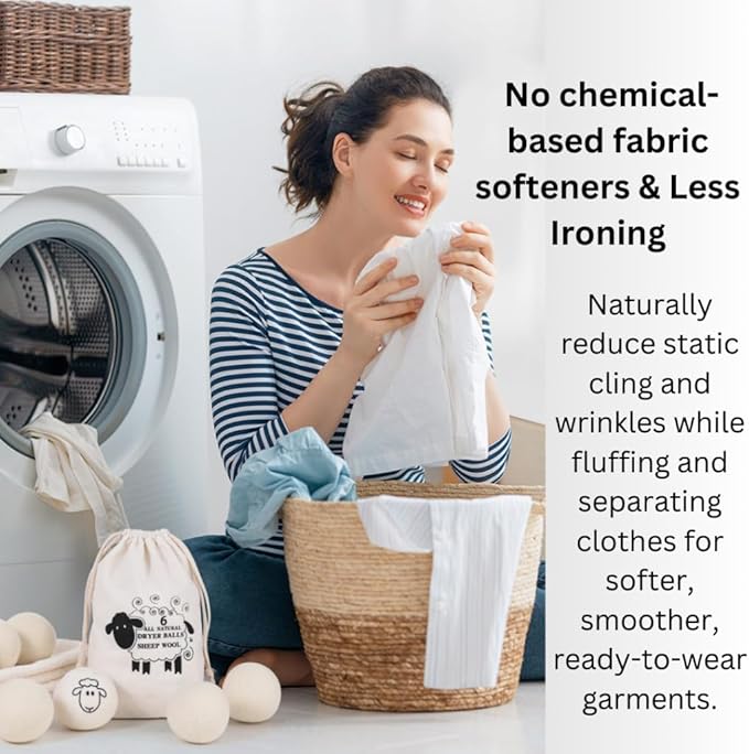 Wool Dryer Balls (6-Pack) – 100% Organic New Zealand Wool, Natural Fabric Softener, Reusable, Reduces Wrinkles & Drying Time, Eco-Friendly, Lint-Free, Chemical-Free Alternative to Dryer Sheets