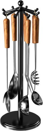 Kitchen Countertop Utensil Holder, Stainless Steel Rotatable Cooking Utensils Holder with 8 Rotating Hooks, Hanging Organizer for Spoon, Spatula, Black