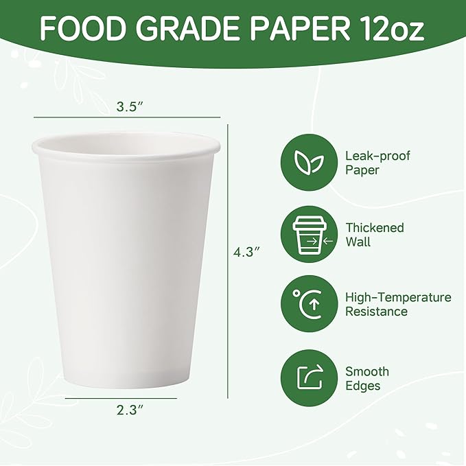 100 Pack of 12 oz Disposable White Paper Coffee Cups - Suitable for Party, Picnic, Travel and Events