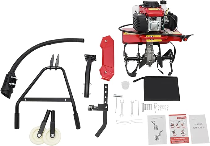 Mini Tiller Cultivator 63CC 4-Stroke Gas Powered Hand Rotary Cultivator Rototiller Walk Behind Garden Farmyard Tiller Cultivator,Adjustable Tilling Depth Front Tine Tiller for Loosening Soil,Weeding