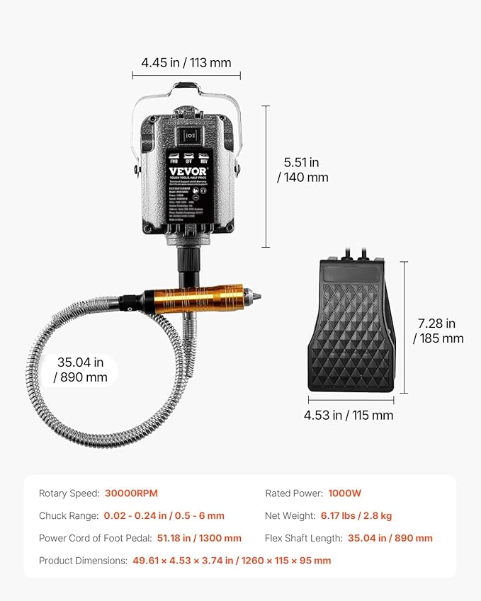 VEVOR Flex Shaft Grinder, 1000W 30,000RPM Electric Flex Shaft Rotary Tool Carver, Multi-functional Hanging Grinding Machine with 31PCS Accessories & Foot Pedal for Carving Buffing Drilling Polishing