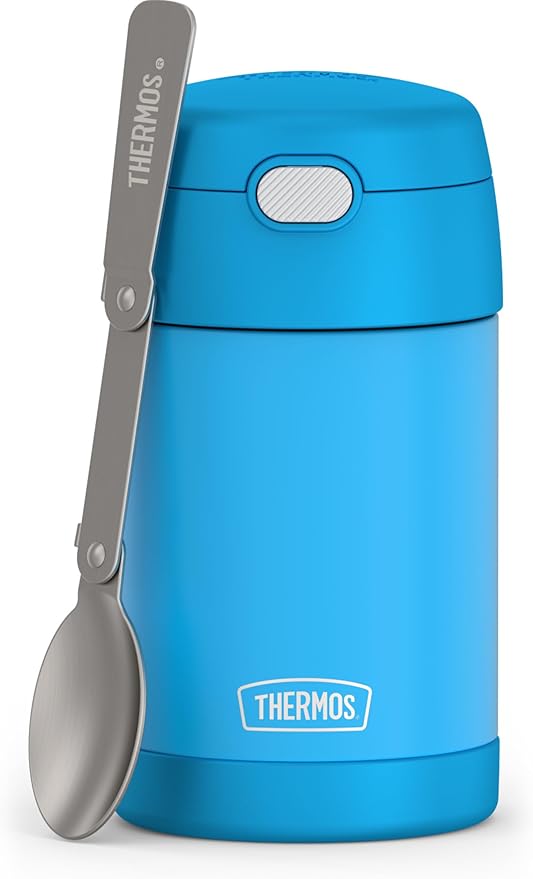THERMOS FUNTAINER Insulated Food Jar, 16 Ounce, Kid Friendly Food Jar with Foldable Spoon, Denim Blue