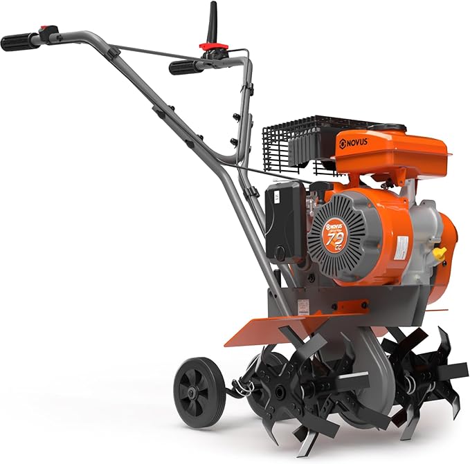NOVUS 2 in 1 Gas Tiller Cultivator with 79cc 4-Cycle Engine, 9"-17" Tool-Free Tilling Width Adjustment, 24 Steel Tines, Never-Flat Wheels,Front Tine Gardon Tiller for Lawn, Field Soil Cultivation