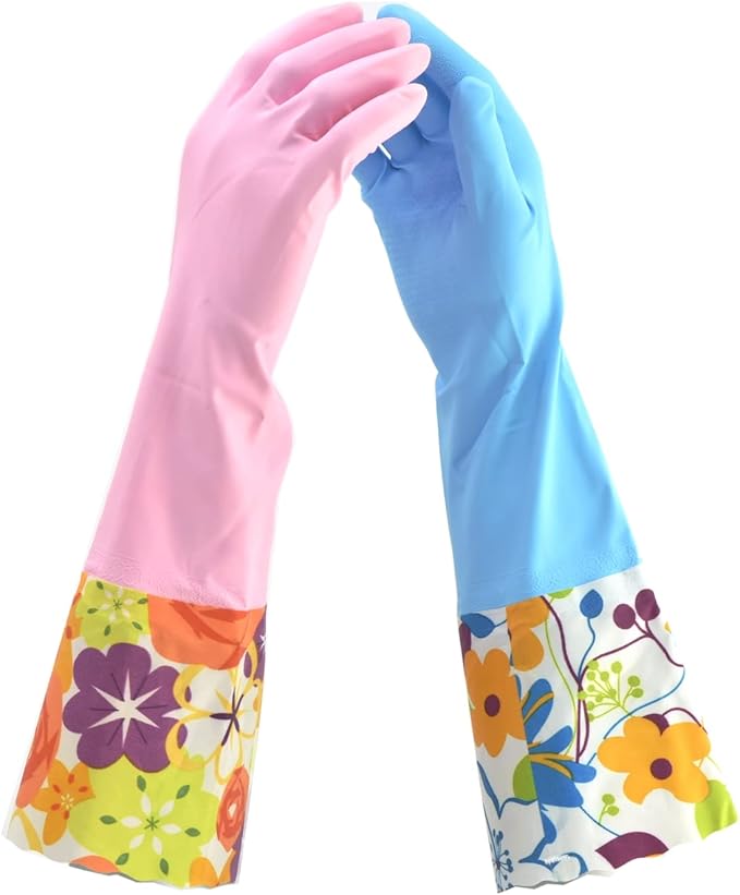 Finnhomy Household Gloves Latex free cleaning Gloves with soft fiber lining extra long cuff 15" and Vinyl Textured Grip 2 PairSmall, Mixed
