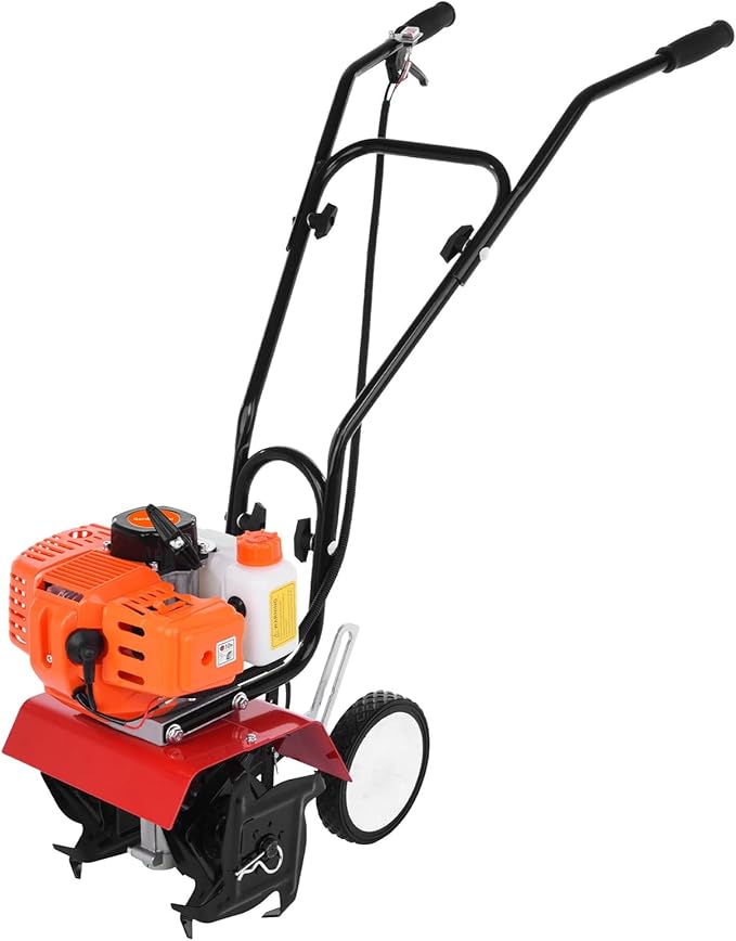 Garden Tiller,Gas Powered Rototiller 52cc 2 Stroke Tiller Cultivator Petrol Mini Mantis Tiller 7.8-Inch Width 6-Inch Depth Lawn Tools with 1.2L Fuel Tank for Soil Digging Weed Removal 9000RPM Orange