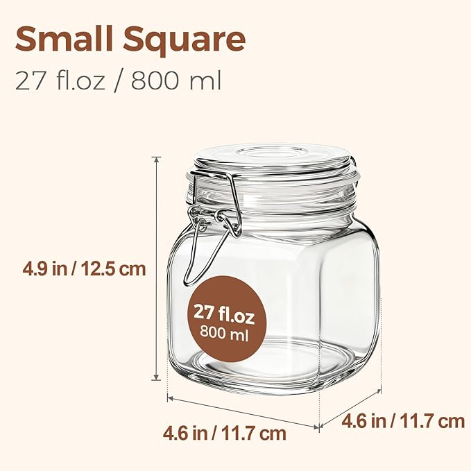 ComSaf 6-Pack 27oz Square Glass Pantry Canisters, Aesthetic Food Storage Jars for a Full Makeover, Modular Containers for Coffee, Sugar, Cookies, Snacks & Spices