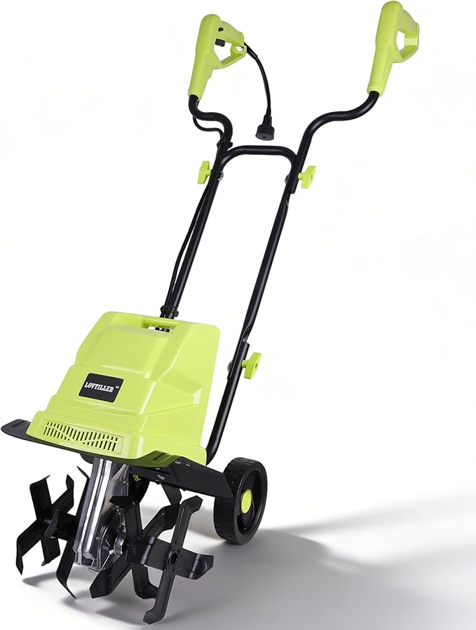 12 Inch Small Electric Corded Garden Tiller Cultivator 15 AMP Power Rototiller for Gardening with Adjustable Wheels